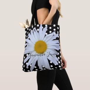 Bolso De Tela Personalizado de margaritas de polka blanco negro