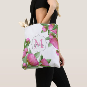 Bolso De Tela Personalizado de Monograma Rosa Elegante Peonias B