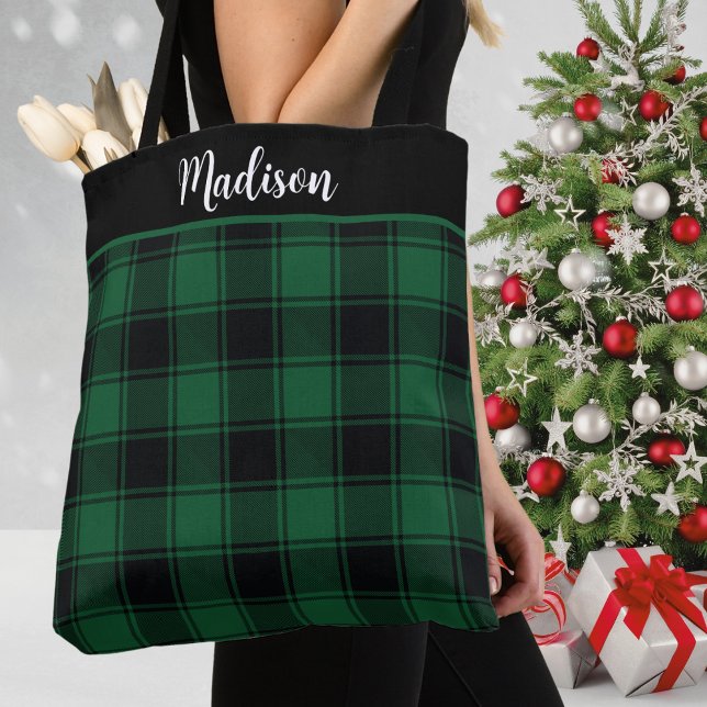 Bolso De Tela Personalizado de Plaid Tartán Verde y Negro (Green and Black Tartan Plaid Custom Tote Bag for the Christmas Holiday Season - just add your name!)