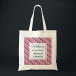 Bolso De Tela Personalizado de USA AMERICA de la bienvenida a la<br><div class="desc">Un gran regalo de bienvenida para sus invitados en su boda norteamericana. El diseño muestra el indicador de EE. UU. en un patrón de baldosas, y un panel central donde puede personalizar su saludo, evento y agregar su nombre o texto. Ideal Gracias regalo cuando añades información boda, accesorios de playa...</div>
