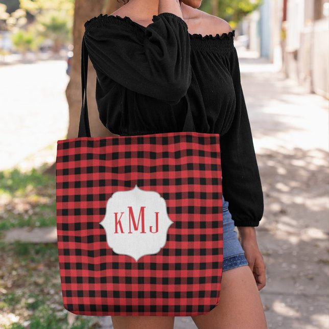 Bolso De Tela Personalizado de verificación de búfalo de monogra (Red and black tote bag with monogram. )