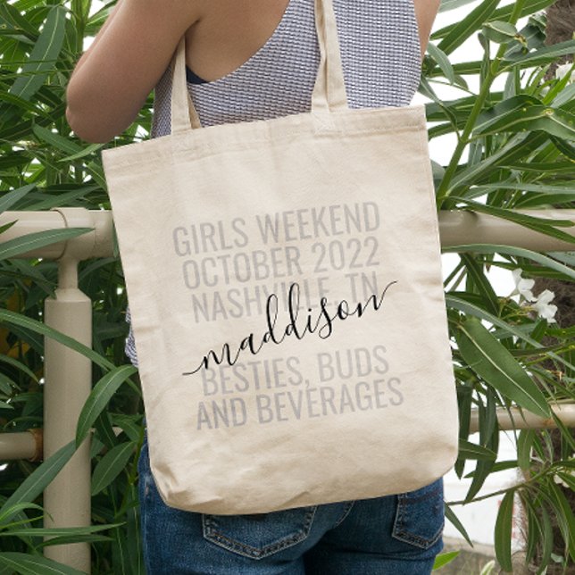 Bolso De Tela Personalizado de viaje de fin de semana de Chicas  (Girls Weekend Trip Personalized Canvas Tote Bag with Names, Date, and Location and fun quote.)