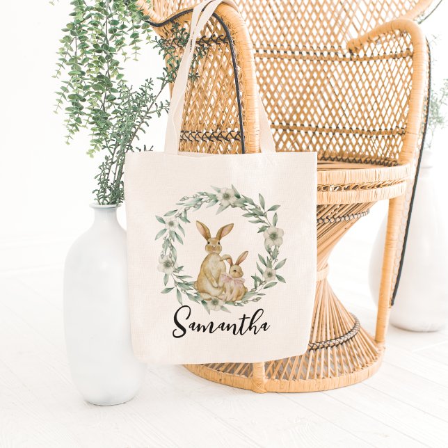 Bolso De Tela Personalizado Easter Bunny Egg Hunt Happy Easter (cute easter bunny tote bag personalised with your egg hunt kids name)