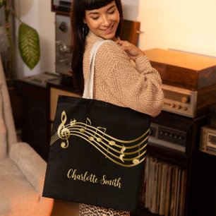 Bolso De Tela Personalizado Elegant Music Notes Gold&Black