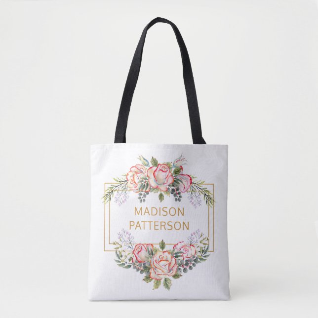 Bolso De Tela Personalizado Elegante Floral Acuarela Chic Femeni (Anverso)