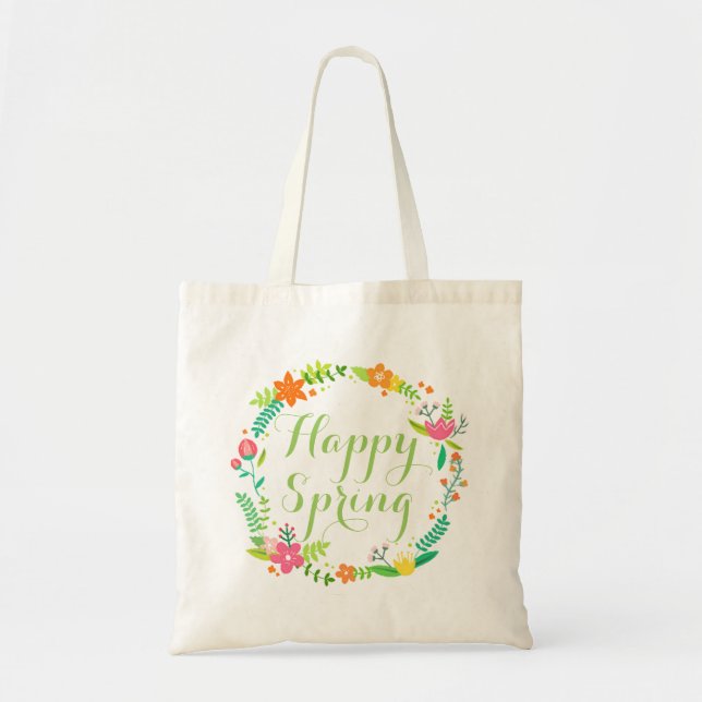 Bolso De Tela Personalizado Feliz Primavera Flores deja la coron (Frente)