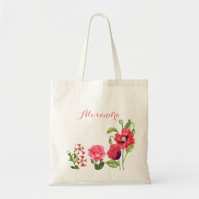Bolso De Tela Personalizado Flores Rosadas Arte Floral (Frente)