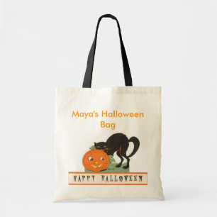 Bolso De Tela Personalizado Gato Negro Vintage Halloween retro