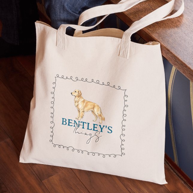 Bolso De Tela Personalizado Golden Retriever Retrato Dog Things (Carry your new pet's favorite toys in this Custom Golden Retriever Portrait Dog Things Tote Bag!)