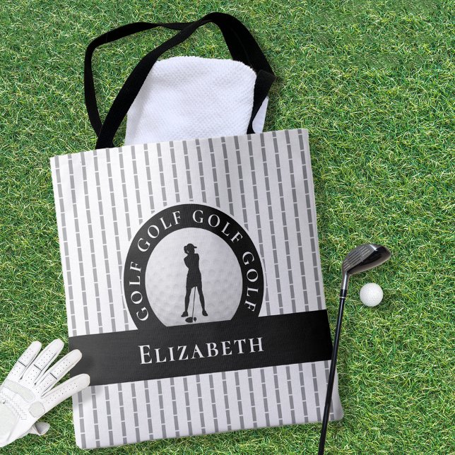 Bolso De Tela Personalizado Golf Monogramo Nombre Deportes Gris  (Custom Golf Monogrammed Name Gray & Black Sports Tote Bag)
