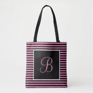 Bolso De Tela Personalizado grande inicial rosado y rayas negras