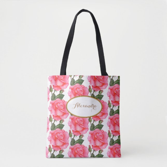 Bolso De Tela Personalizado Grande Roses Rosa Floral (Anverso)
