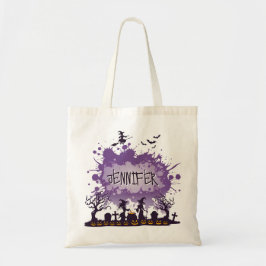 Bolso De Tela Personalizado Halloween Purple Name Witch Graveyar
