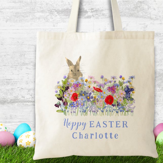 Bolso De Tela Personalizado Hoppy Easter Bunny Egg Hunt (Easter brunch and egg hunt custom tote bag with cute Easter bunny and watercolor florals)