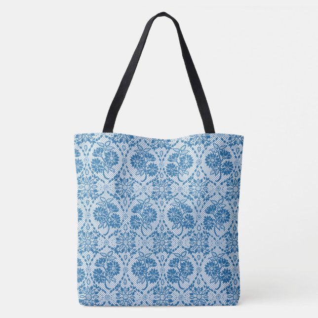 Bolso De Tela Personalizado Indigo Azul Floral Faux Lace Pattern (Reverso)
