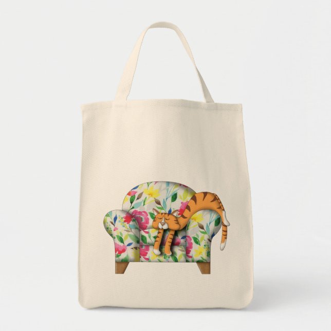 Bolso De Tela Personalizado Kitty durmiendo en una silla floral (Frente)