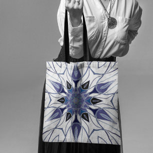 Bolso De Tela Personalizado Mandala Flor Azul morado y blanco