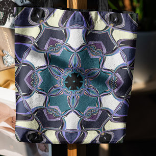 Bolso De Tela Personalizado Mandala Flor Azul Púrpura Negro y Bl