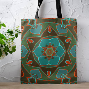 Bolso De Tela Personalizado Mandala Flor Azul y Naranja