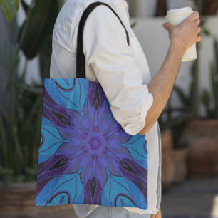 Bolso De Tela Personalizado Mandala Flor Azul y Púrpura