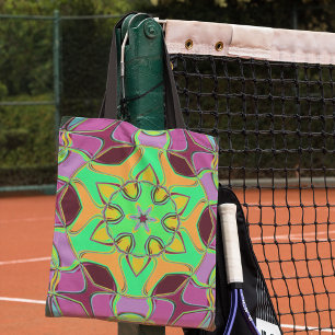 Bolso De Tela Personalizado Mandala Flor Naranja Verde y Púrpura