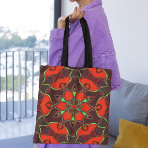 Bolso De Tela Personalizado Mandala Flor Rojo y Verde azulado