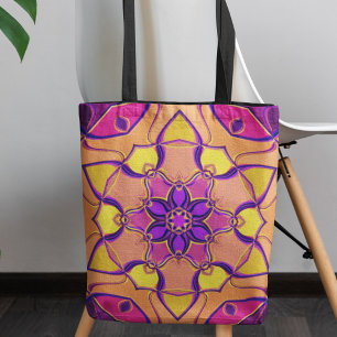 Bolso De Tela Personalizado Mandala Flor rosa morado y Naranja