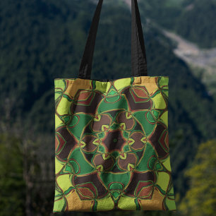 Bolso De Tela Personalizado Mandala Flor Verde Amarillo y Naranj