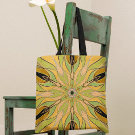 Bolso De Tela Personalizado Mandala Flor Verde Amarillo y Naranj