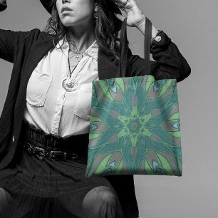 Bolso De Tela Personalizado Mandala Flor Verde y Azul