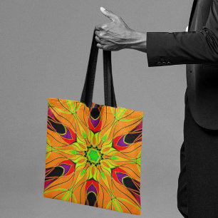 Bolso De Tela Personalizado Mandala Naranja de flores verde y ro
