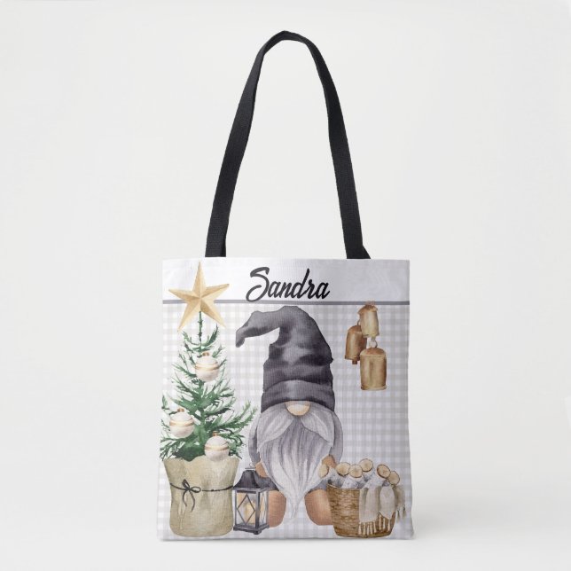 Bolso De Tela Personalizado Merry Christmas Watercolor Gnome Pla (Anverso)