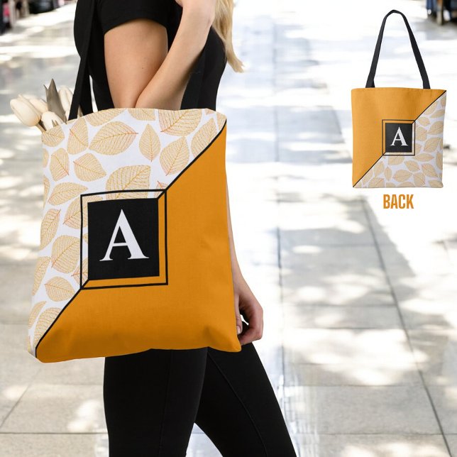 Bolso De Tela Personalizado Monograma Patrón de hojas amarillas  (front and back shoulder tote bag design with initial letter monogram )