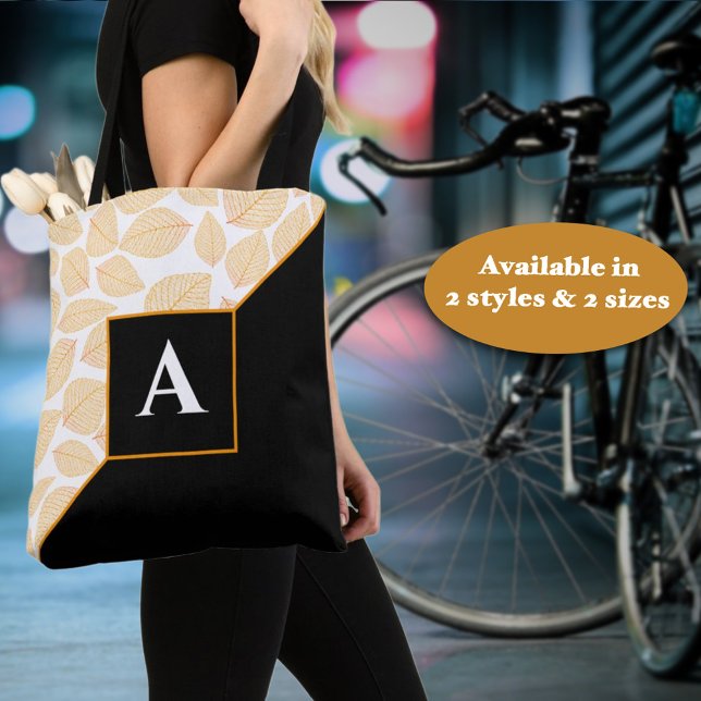 Bolso De Tela Personalizado Monograma Patrón de hojas amarillas  (This easy to personalize diagonal designed tote is ready for personalization as a gift for for you. )