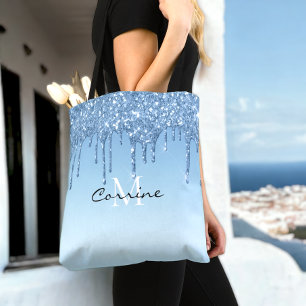 Bolso De Tela Personalizado Monograma Purpurina Azul Hielo Perfo