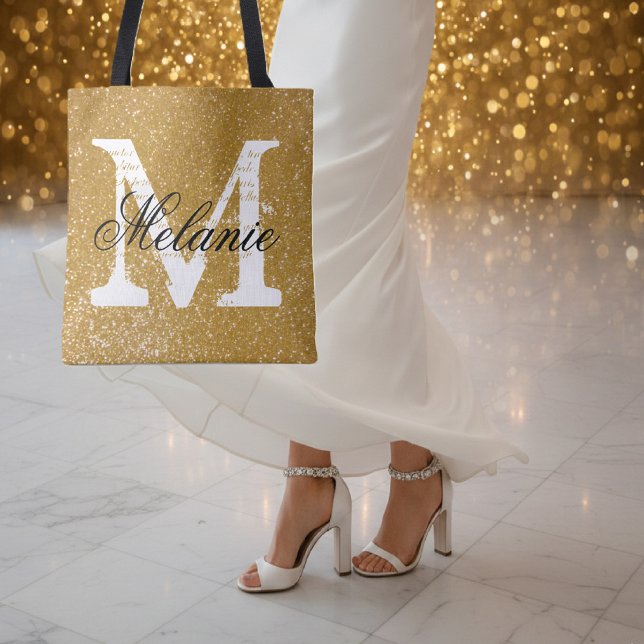 Bolso De Tela Personalizado monograma purpurina de oro falso imp (golden tote bag with monogram)