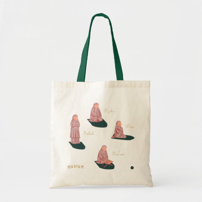 Bolso De Tela Personalizado Muslimah Salah, Dzikr, Dua, Corán (Frente)