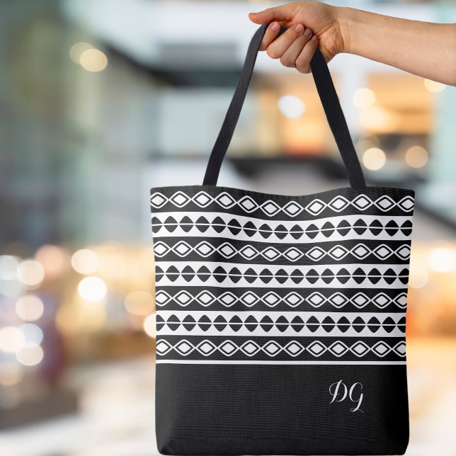 Bolso De Tela Personalizado Negrita Ornamental Negra Patrón Geom (Stylish Custom Monogrammed Initials Ornamental Bold Black & White  Pattern Geometric Canvas Tote Bag)