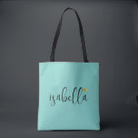 Bolso De Tela Personalizado Nombre del guión de la dama de honor<br><div class="desc">Una moda moderna bolsa verde azulada de luz con nombre de escritura negro y corazón dorado que es perfecta para una propuesta de dama de honor. Las damas de honor pueden llenar su tote con lo esencial para los viajes de la Bachelorette Party, o para los elementos esenciales para traer...</div>