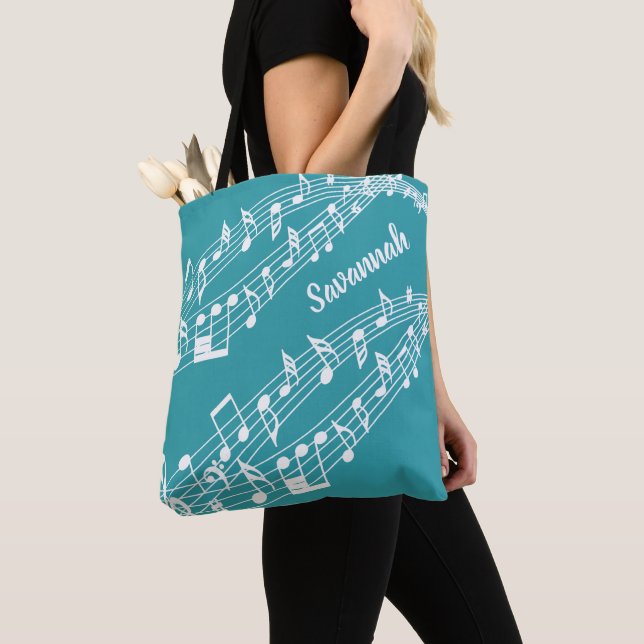 Bolso De Tela Personalizado Notas de música Nombre Verde azulado (Detalle)