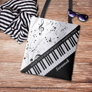 Bolso De Tela Personalizado Piano Music Notes Script Name Black 