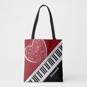 Bolso De Tela Personalizado Piano Música Amor Nombre Negro Rojo