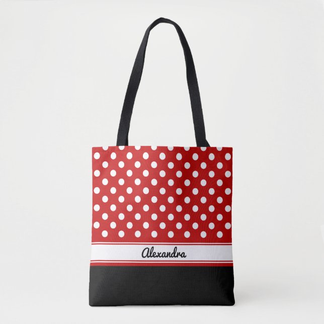 Bolso De Tela Personalizado Polka Punto blanco Base negra roja (Anverso)