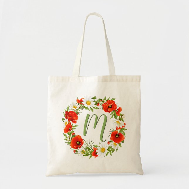 Bolso De Tela Personalizado Poppies Daisies Monograma Flower Wre (Frente)