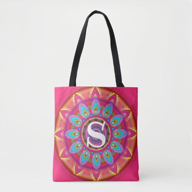 Bolso De Tela Personalizado psicodélico inicial Tote Bag fuchsia (Anverso)