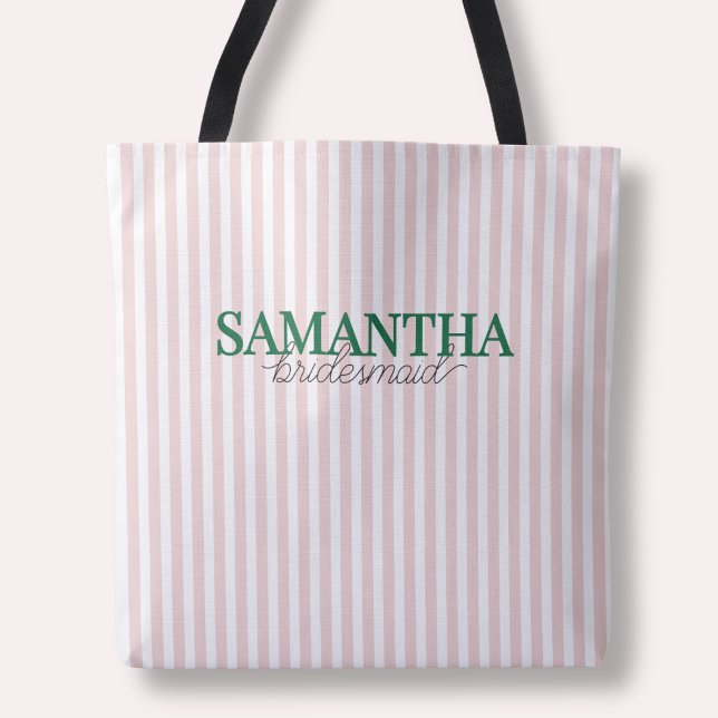 Bolso De Tela Personalizado rayado rosado moderno Nombre de la d (Modern Pink Striped Custom Green Bridesmaid Name Tote Bag)