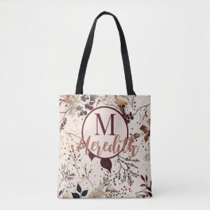 Bolso De Tela Personalizado Script Monograma Foliage Fall Rubor