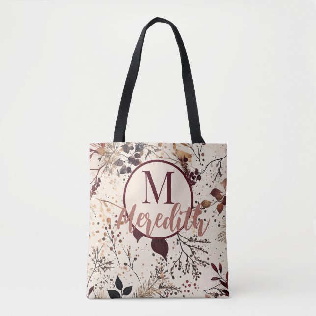 Bolso De Tela Personalizado Script Monograma Foliage Fall Rubor  (Anverso)