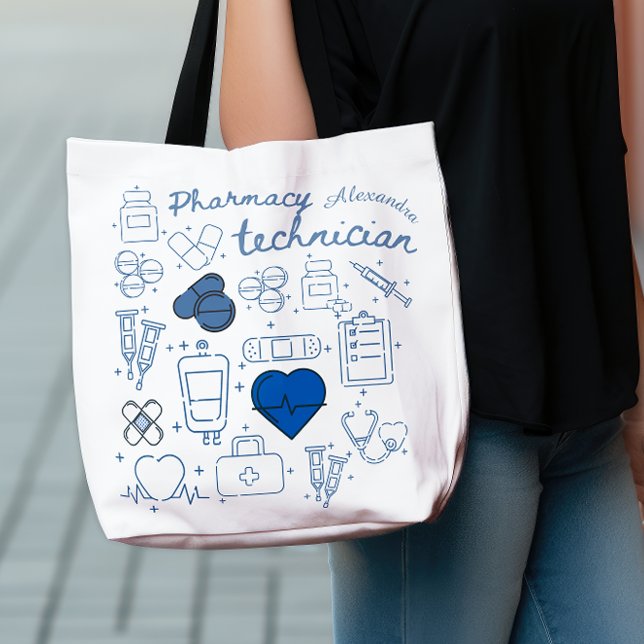Bolso De Tela Personalizado Técnico de Farmacia Azul Doodle Line (Subido por el creador)