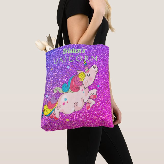 Bolso De Tela Personalizado Texto/ Arcoiris Kawaii Unicornio Pur (Detalle)